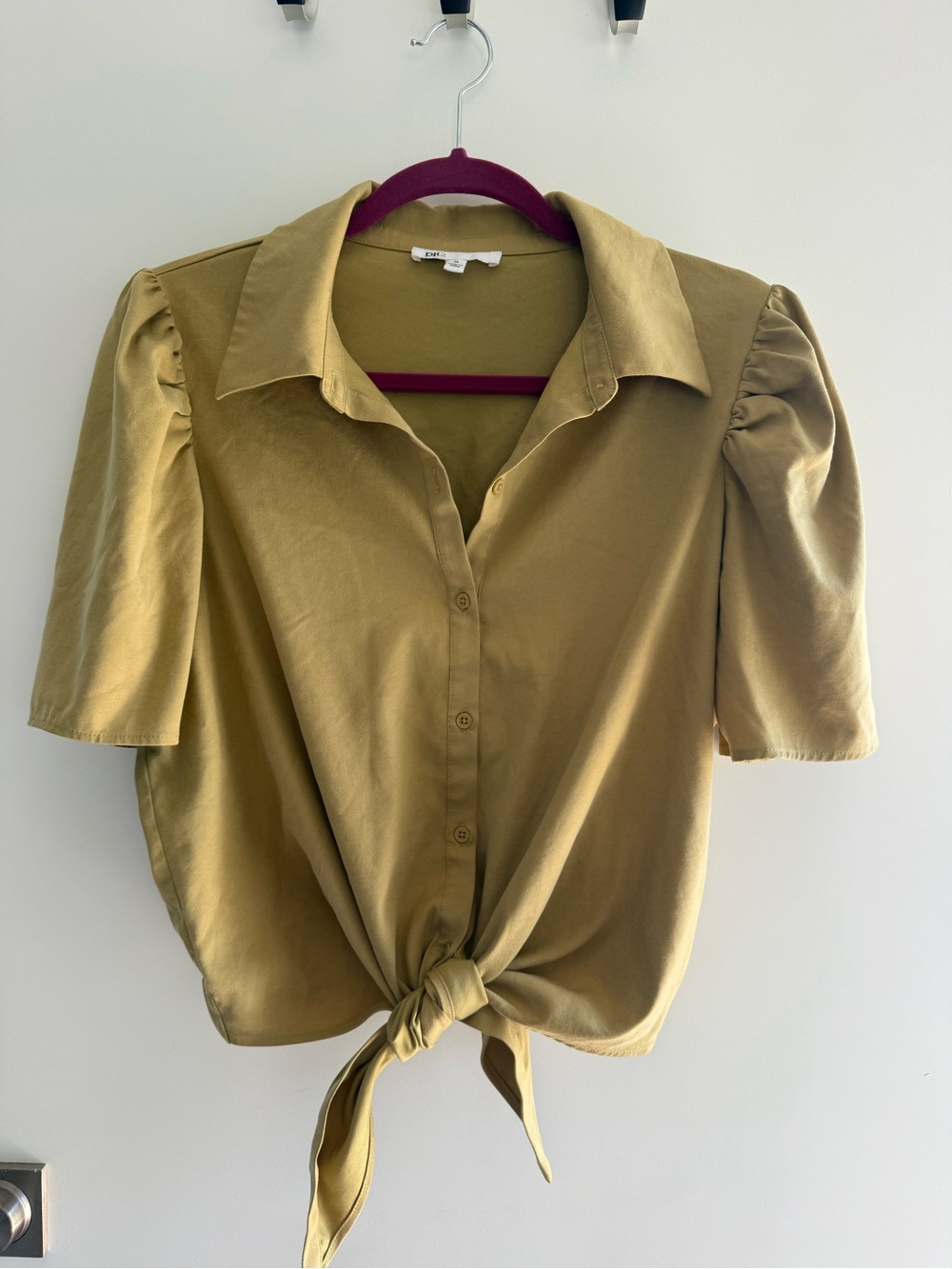 DR2 Olive Green Tie-Front Puff Sleeve Button-Up Blouse